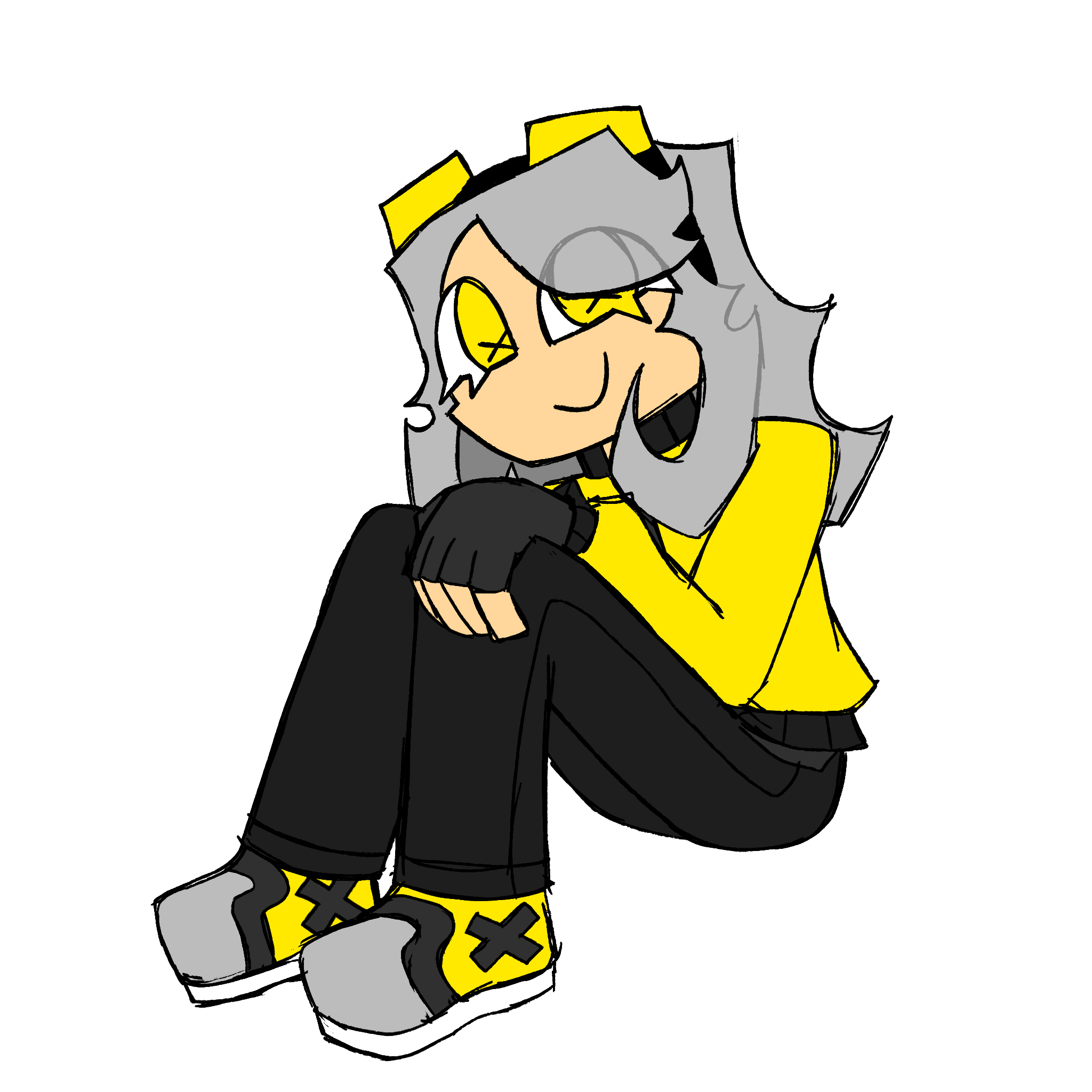 A drawing of Digital Demxn's persona (a girl with gray hair and black and yellow clothing) sitting down with a hand on her knee. She's smiling.